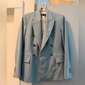Zara Pale Blue Double-Breasted Blazer with Gold Buttons